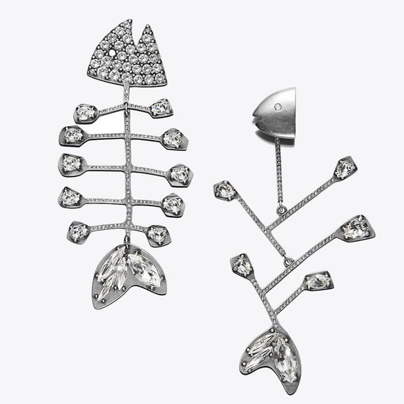 NWT Tory Burch Embellished Fish Mismatched Earring, Antique Silver/Crystal - Picture 1 of 6